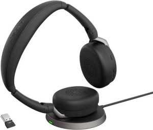 Jabra Evolve2 65 Flex MS Stereo Headset, Wireless Charging, Hybrid Active Noise Cancellation, 28mm Driver Size, Built-In Microphone, USB-A Dongle, Black | 26699-999-989